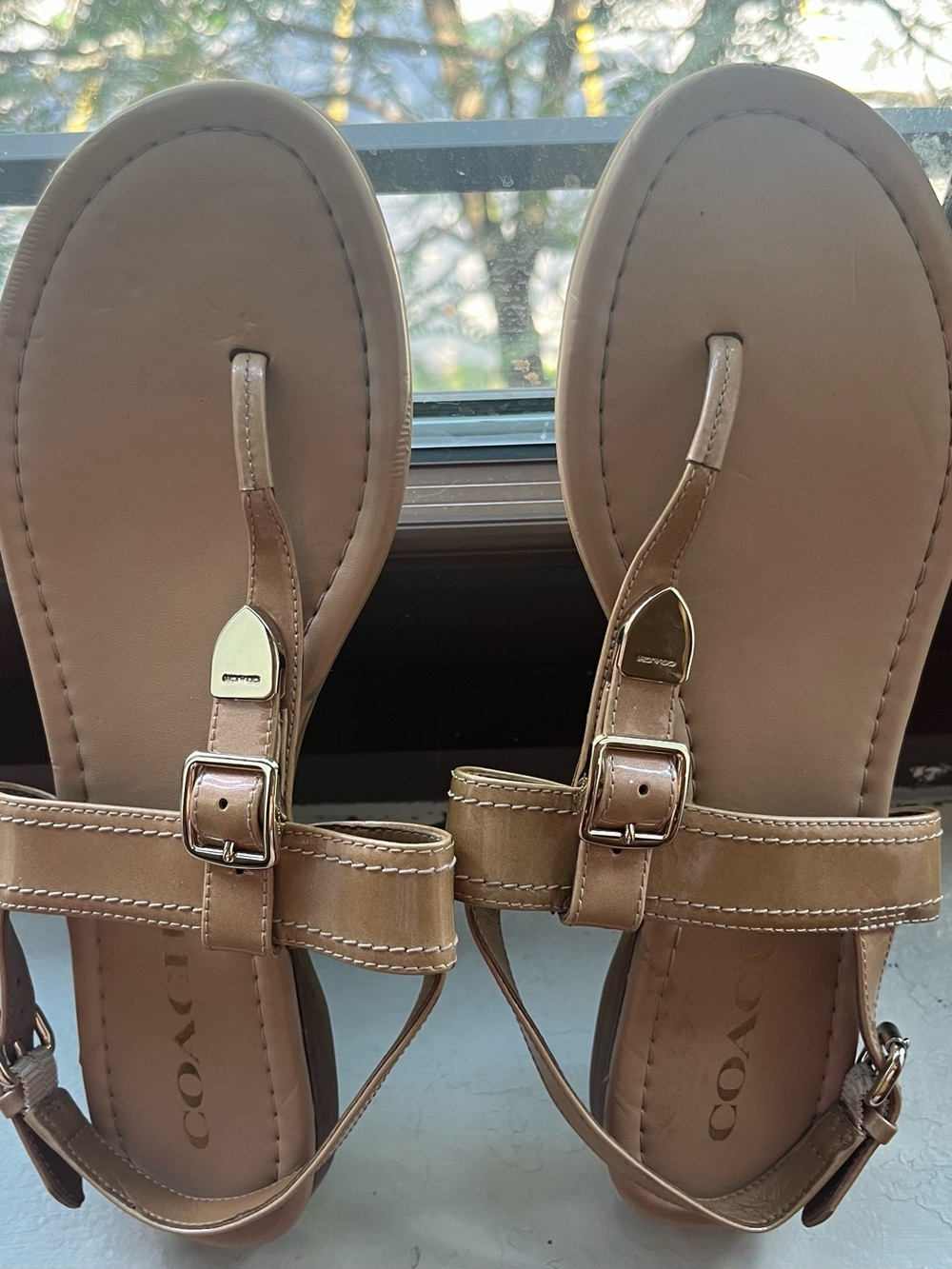 Coach Tan Leather Buckle Thong Sandals with Gold Accents